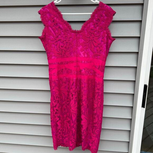 Tadashi Shoji size 14 Pink Embroidered Lace Overlay Knee Length Sheath Dress - Picture 9 of 14